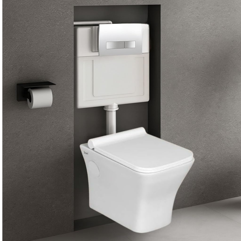 Wall Mounted Ceramic Commode with Concealed Flush Tank, White, Elongated Shape, Modern Design, Chrome Push Plate,
