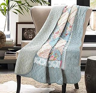 VIVILINEN Patchwork Quilts Throw Blanket 100% Cotton Reversible Vintage Floral Print Bedspread Coverlets for Couch Sofa Bed (150 x 200 cm, Shallow Sea)