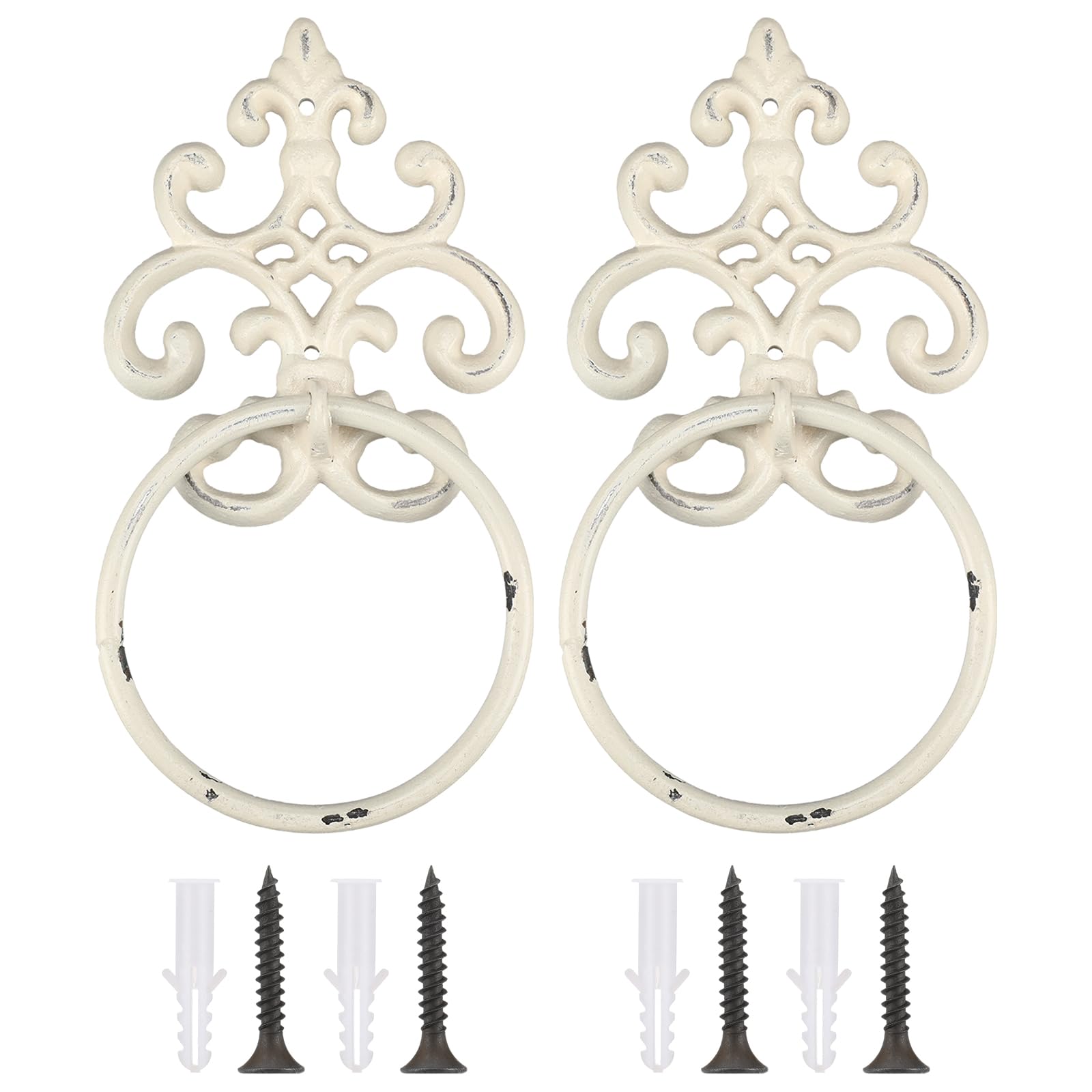 Otoolling 2 Pcs White Rust Vintage Cast Iron Solid Towel Ring Fleur De Lis Design Antique Towel Holder for Bathroom Kitchen Accessories Wall Mounted Christmas Party Gifts