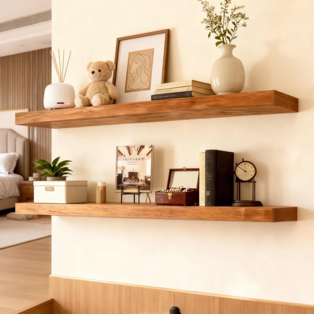 ROGMARS 36 Inches Long Walnut Floating Shelves,Rustic Solid Wood Farmhouse Wall Shelves with Invisible Brackets for Bathroom, Living Room, Bedroom, Kitchen Set of 2