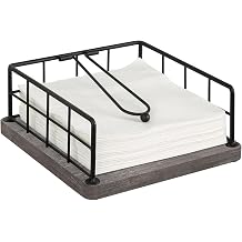 YINMIT Flat Napkin Holder for Table Wood, Gray Farmhouse Napkin Holders with Weighted Arm, Rustic Metal Square Napkin Holder Organizer for Kitchen Bathroom Dining Table
