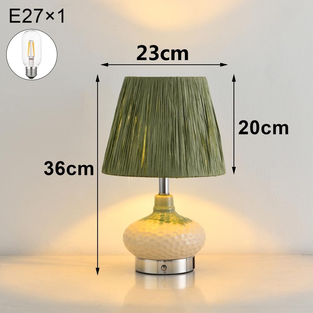 Kabellose Keramik Tischlampe mit Touch Dimmbar, E27 Batteriebetriebe Tischleuchte mit Ladefunktion USB A+C Anschlüssen Grün Lampeschirm Tragbare Nachttischlampe für Schlafzimmer Wohnzimmer