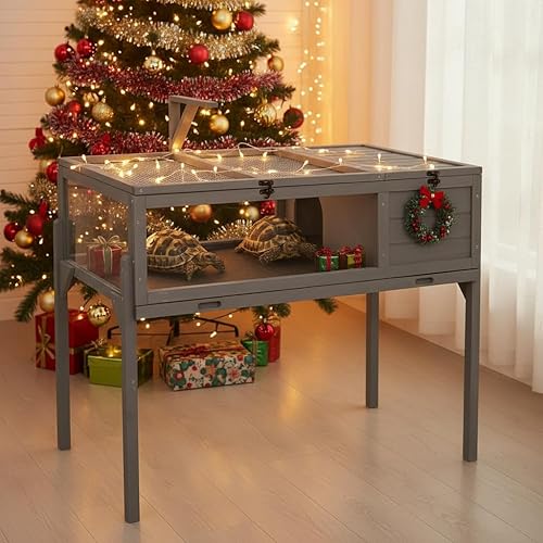 Miniatura 2 de GEGURI Hábitat de tortuga para interiores y exteriores, casa de tortuga de madera con patas desmontables, jaula de reptiles para animales pequeños