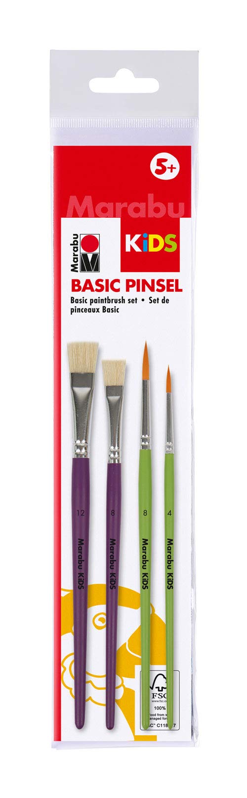 Marabu 0318000000003 Kids Basic - Juego de Pinceles para niños (a Partir de 5 años, 2 Pinceles de cerdas Planas de 12, 2 Pinceles de Pelo sintético Redondos de tamaño 4 y 8), Multicolor