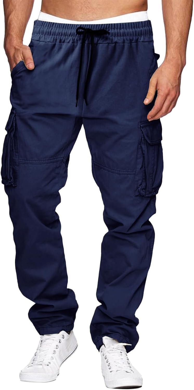 THWEI Cargo Pants for Men Casual Cotton Drawstring Lightweight Relaxed Fit Work Pants Multi Pockets