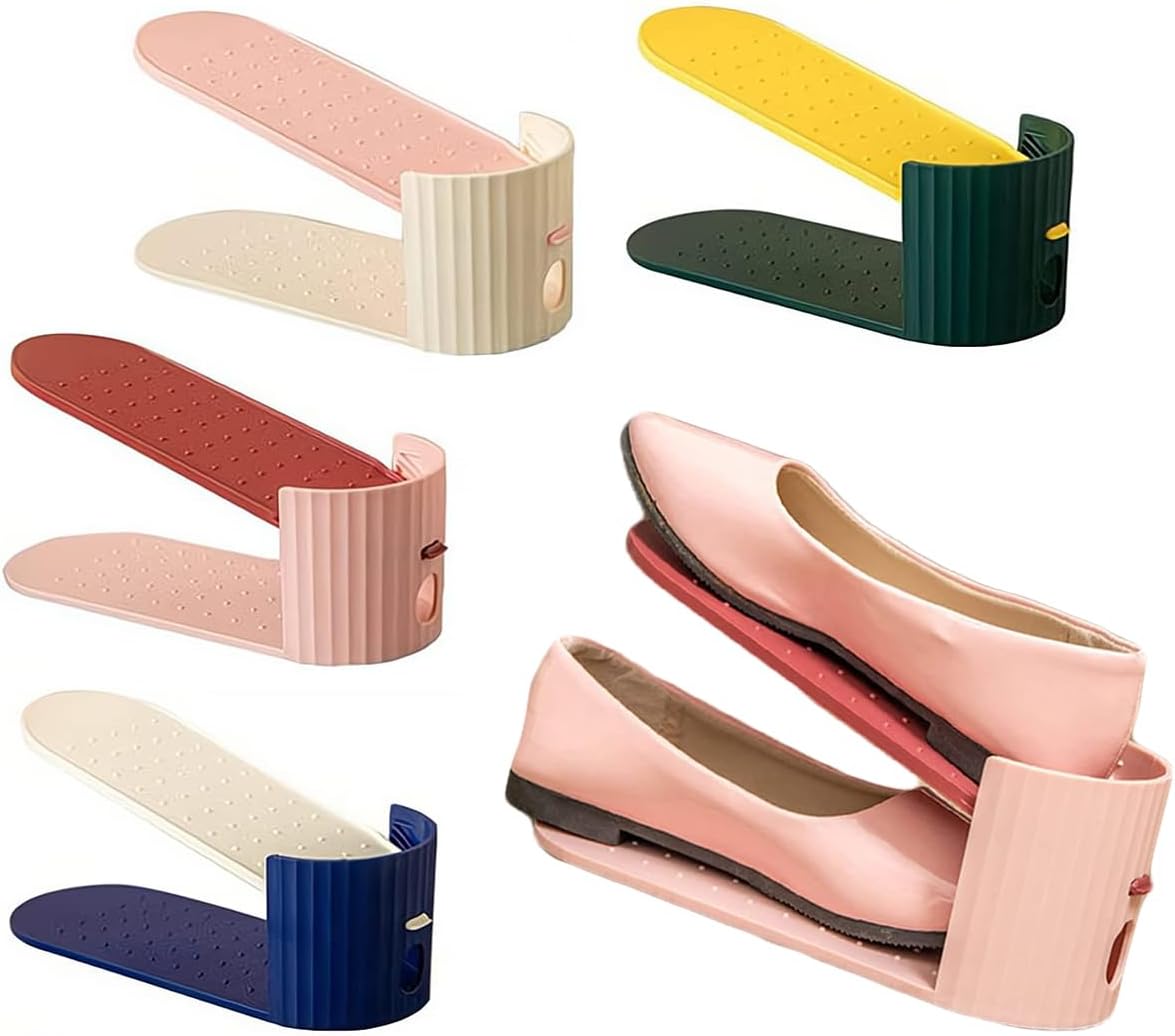 Adjustable Shoe Slots Organizer, Space-Saving Double Deck Shoe Rack, Detachable Plastic Storage Shelf for Closet Organization, Convex Dot Nonskid Design, 4 Pcs, Multi-Color (White, Blue, Yellow, Pink)