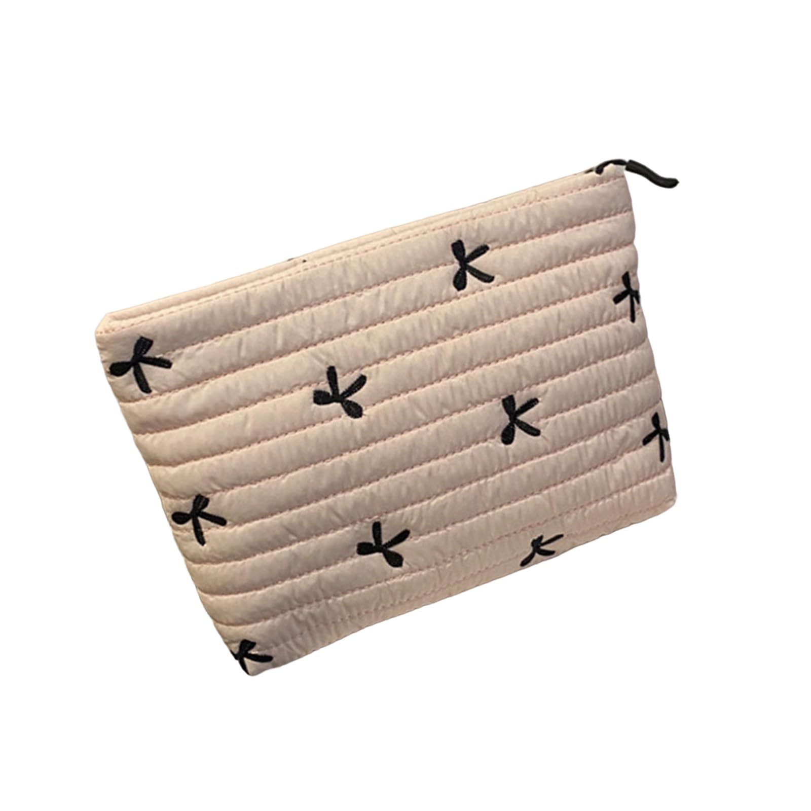 Tsophreniq Embroidered Cosmetic Bag Makeup Pouches Large Capacity Soft Quilted Toiletry Pouches with Zippers Closure Embroidery Bowknot Storage Bag