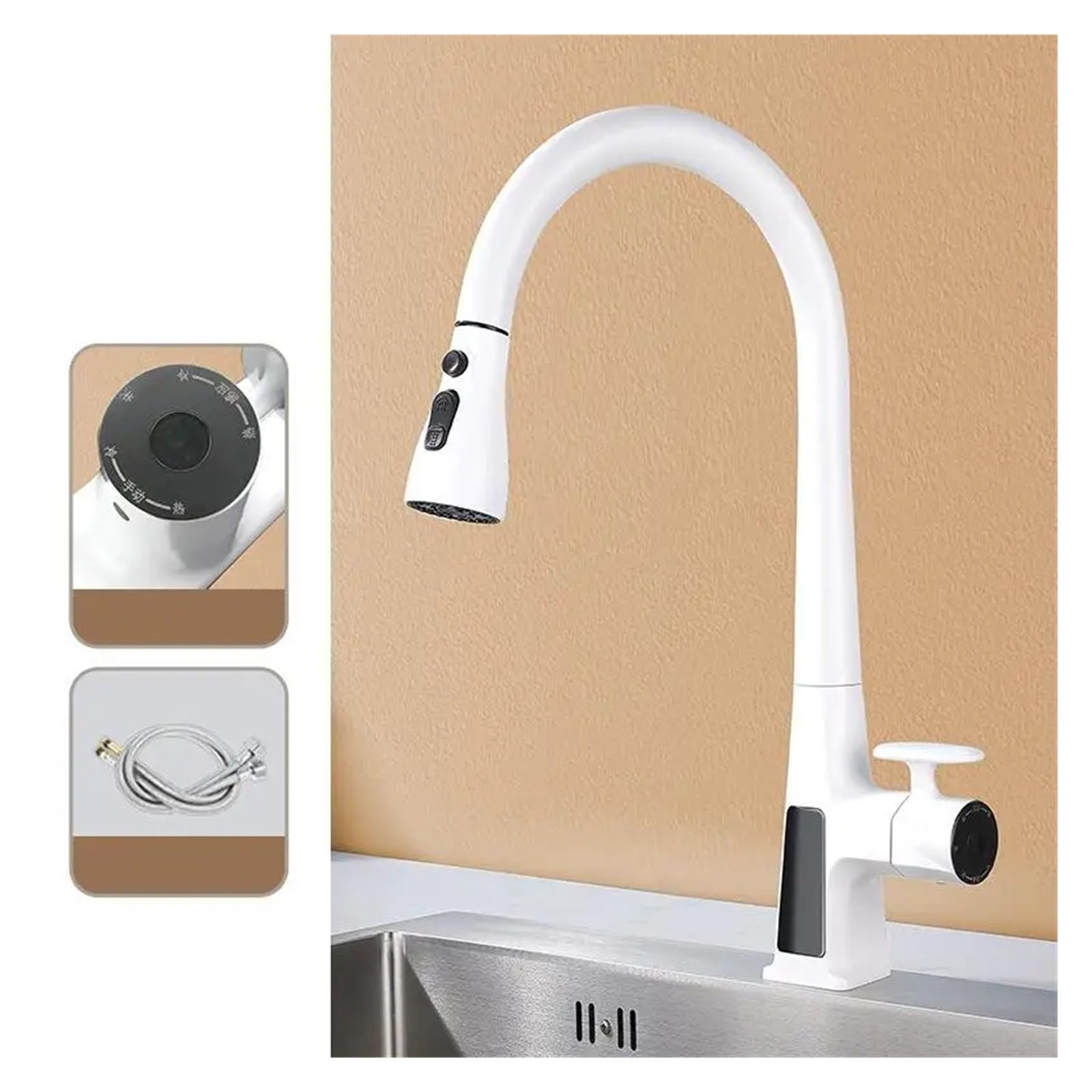 lomiu Digital Temperature Display Sensor Kitchen Faucet, 360° Rotating Pull - Out Sink Tap​(White,Sensor Switch)