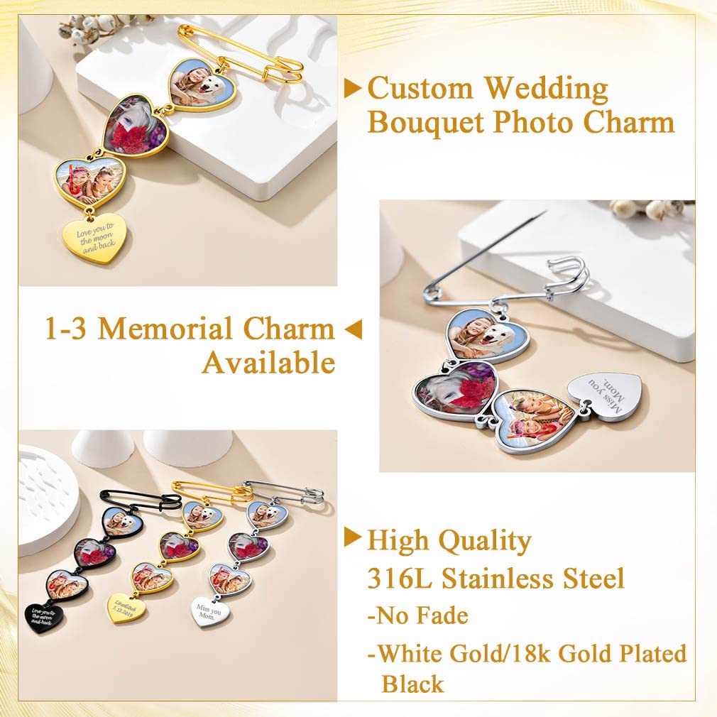 Custom4U Personalisierte Damen Herren Brosche mit 3x Fotoanhänger mit Gravur für Memorial Anhänger Brautstrauß Ansteckblume Bräutigam Edelstahl DIY Anstecker Silber für Hochzeit Weihnachten