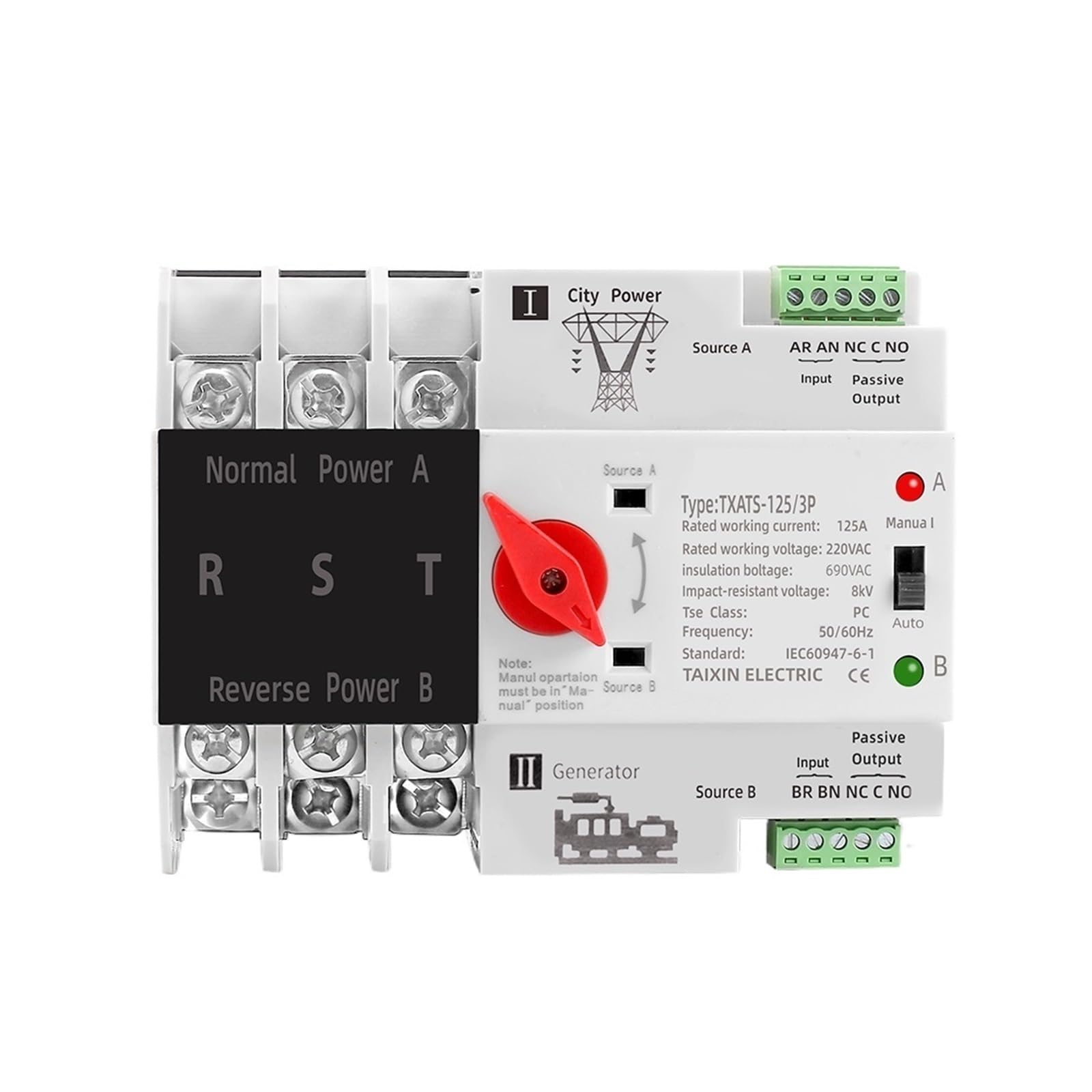 Commutateur de transfert automatique inverseur de source 3 phases 100A rail DIN