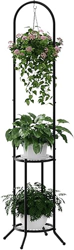 Soporte de plantas colgante de 2 niveles para interiores y exteriores, estante de hierro que ahorra espacio, soporte para 3 macetas, soporte para