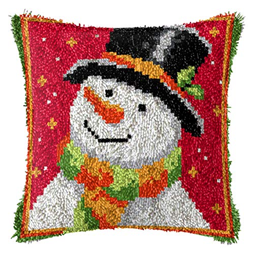 Howie's Latch Hook Kit, DIY Christmas Pillow Crochet Yarn Kits for Adults and Kids, Color Preprinted Pattern Embroidery Sofa Cushion Cover (Christmas-Snowman, 16.93 x 16.93 inch)