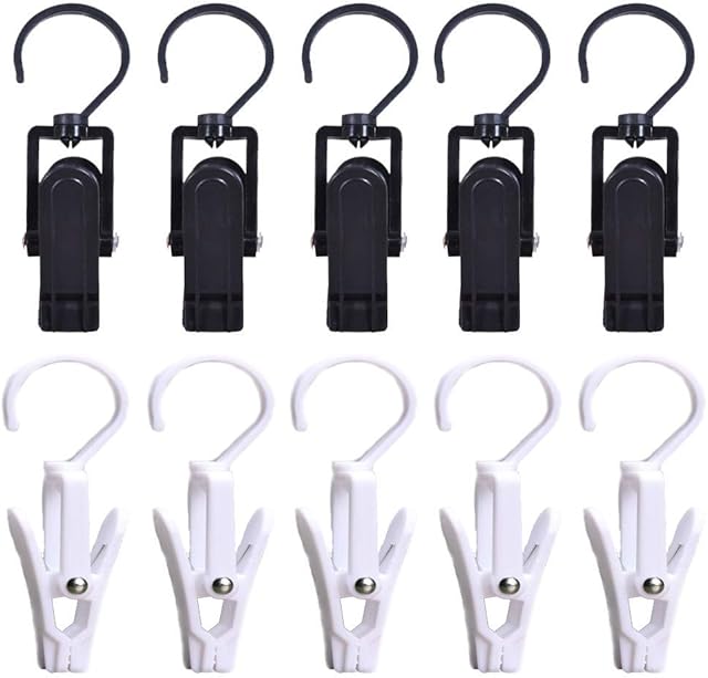 Juliyeh 10 Pieces Hanging Laundry Hooks Clip Plastic Swivel Hanging Towel Clips Strong Clips with Hanger Hook for Wardrobe Boot Hat Curtain Socks Sheets Beach Towel