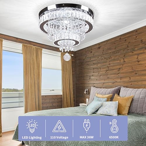 Miniatura 9 de Cainjiazh Lámpara de techo moderna de cristal de 15.7 pulgadas, iluminación colgante LED de acero inoxidable, montaje empotrado, lámparas de techo