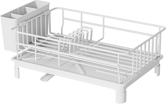 Dish Drying Rack with Drainboard, Stainless Steel Dish Rack for Kitchen Counter, Sturdy Dish Drainer with Removable Utensil Holder, 10.2W x 15L, Black&White White