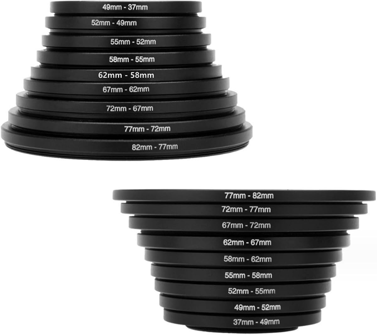 Juego de adaptadores de anillo de filtro de 18 piezas, kit de anillos de paso para filtro de lente de cámara, aluminio liviano y duradero, juego de 9 anillos de aumento y 9 anillos de reducción, negro