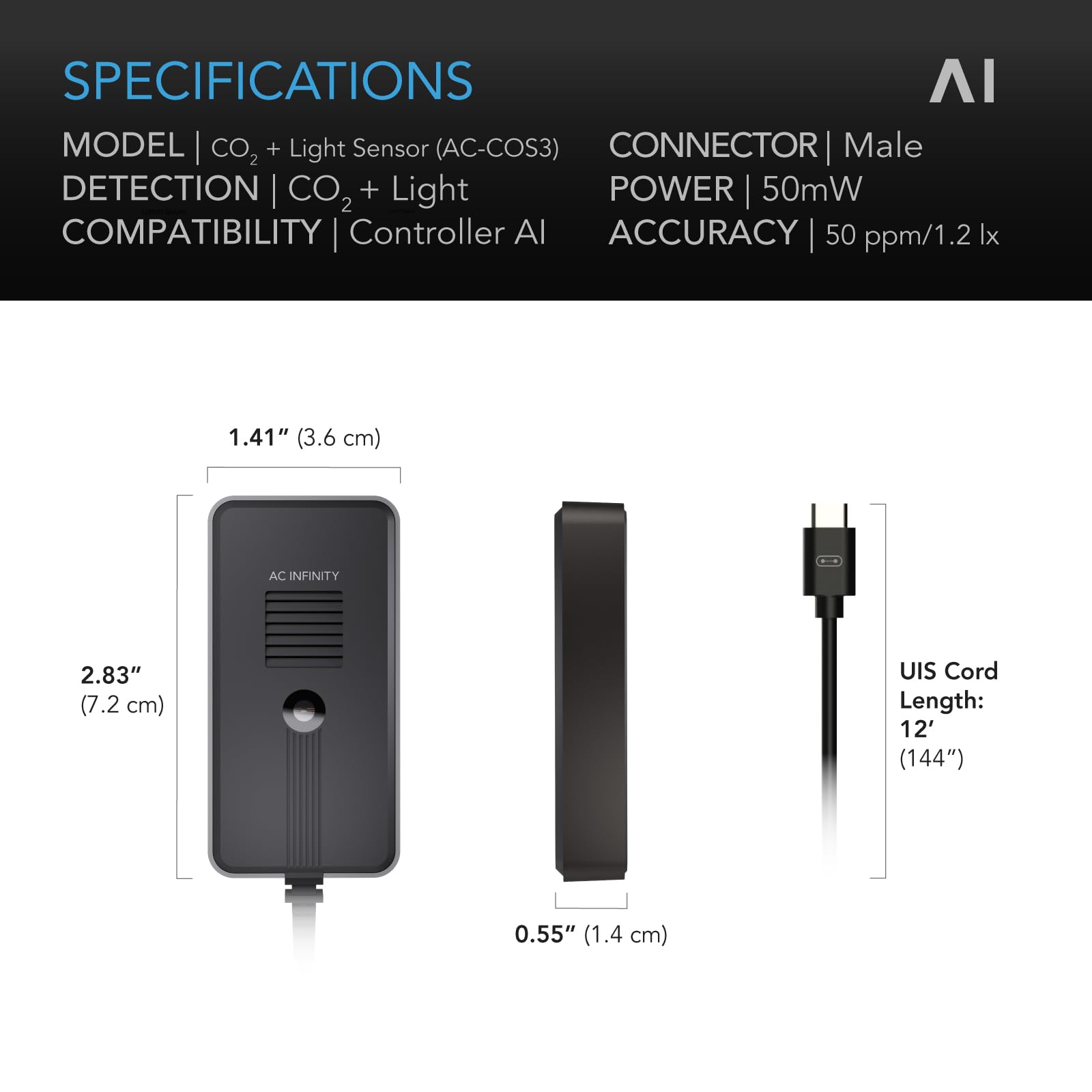 AC Infinity Sensor de CO2 + luz, sensor ambiental, ayuda dinámicamente al controlador AI+ seguimiento de datos de CO2 para jardines, tiendas de campaña, espacios de cultivo, con ventilador inteligente
