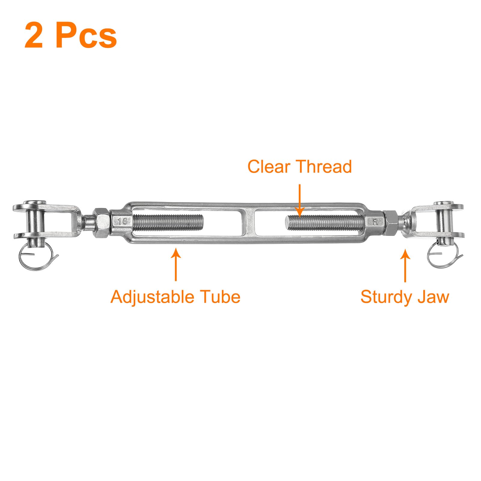sourcing map 2 tensores M16 (5/8 pulgadas) de mandíbula y mandíbula tensores de cuerda de alambre, tensor de cable ajustable de acero inoxidable 304 para vela de sombra, tendedero, límite de carga de