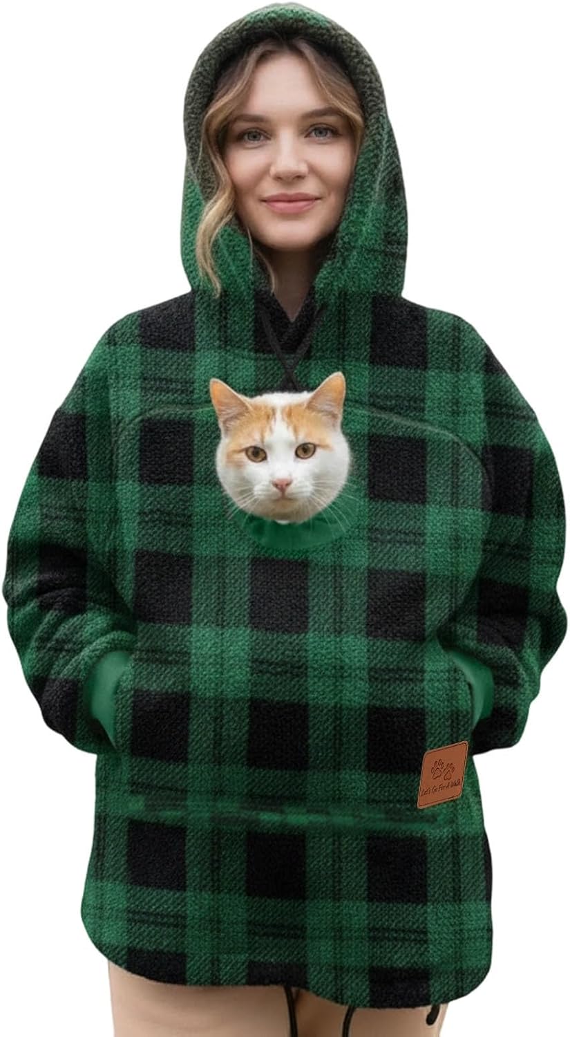 Cat Pouch Hoodie Pet Carrier Hoodie Christmas Plaid Green Hoodies With Zip Kangaroo Pocket Dog Pouch Fuzzy Unisex Outdoor