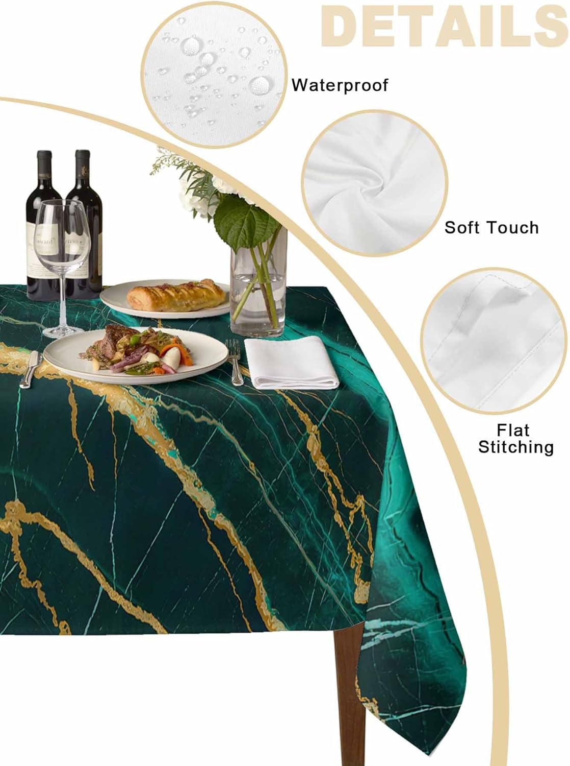 Marble Emerald Green Tablecloth Waterproof for Round/Rectangle/Oval/Square Tablecloth 52x72 in, Modern Abstract Gold Art Table Cloth Cover for Fall Baby Shower Christmas Wedding Party