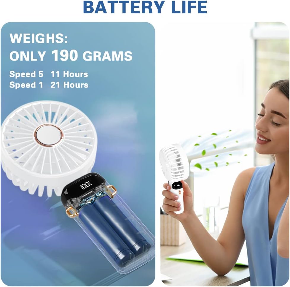 Portable Handheld Fan, USB Rechargeable Personal Fan, 4800mAh, 90° Foldable Mini Desk Fan with Led Digital Display, 5 Speeds Multi-Function Fan for Outdoor Indoor (White)