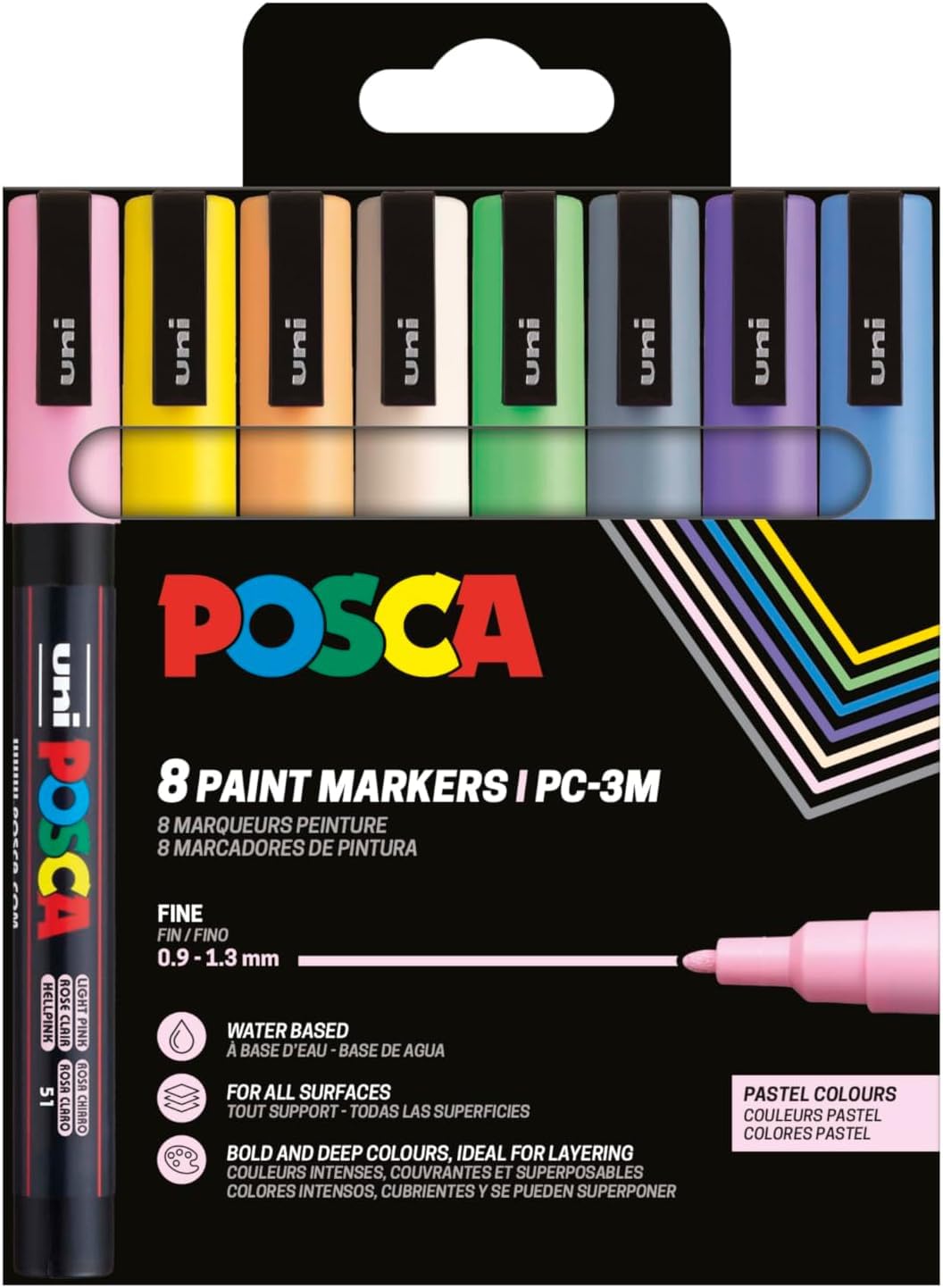 Posca 186556 - Set of 8 Acrylic Pastel Pens PC-3M, Permanent Marker 0.9-1.3mm Round Tip