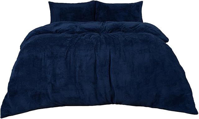 Brentfords Teddy Fleece Duvet Cover with Pillow Case Thermal Fluffy Warm Soft Bedding Set, Navy Blue - King