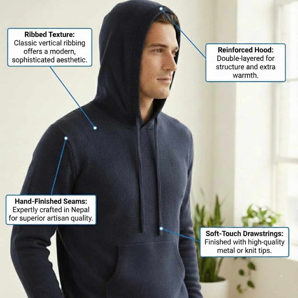NPIA Certified 100% Pure Cashmere Hoodie for Men | Heavyweight 375g Knit Pullover | 2-Ply 16-Micron Himalayan Wool - Image 7