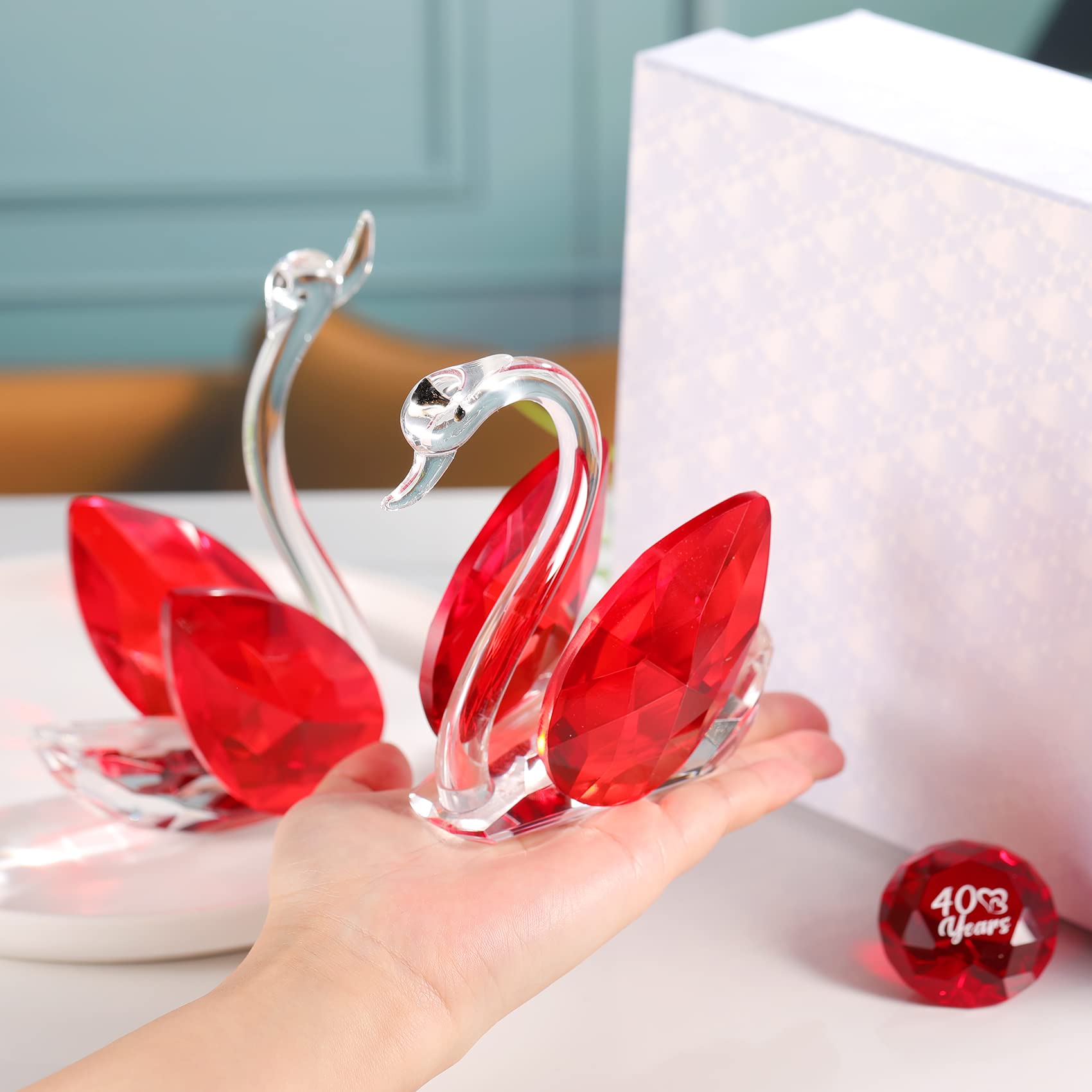 Set di 2 cigni rossi in cristallo per 40° anniversario, regali di nozze per genitori, animali in vetro, statuette da collezione per 40 anni di matrimonio, ornamento unico per la decorazione della casa
