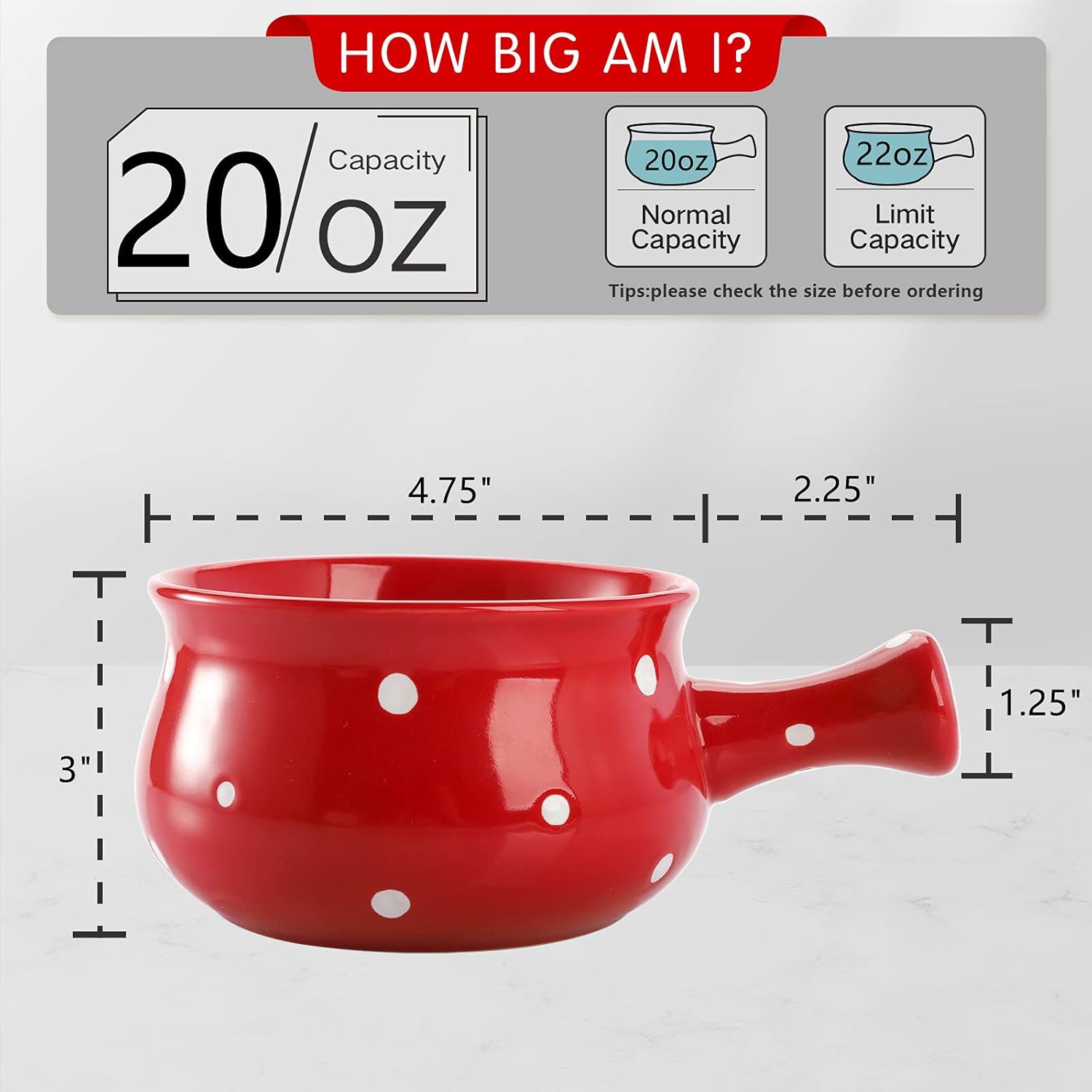  | AVLA 4 Pack French Onion Soup Bowls with Handle, 20 Ounce Porcelain Soup Crock, Stackable Serving Bowl Bakeware for Soup, Beef Stew, Cereal, Chill, Microwave and Oven Safe, Polka Dot: Soup Bowls