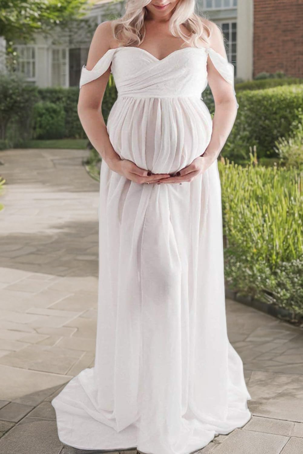 ZIUMUDY Maternity Off Shoulder Chiffon Gown for Photoshoot Split Front Lace Maxi Dress for Photography - Image 6