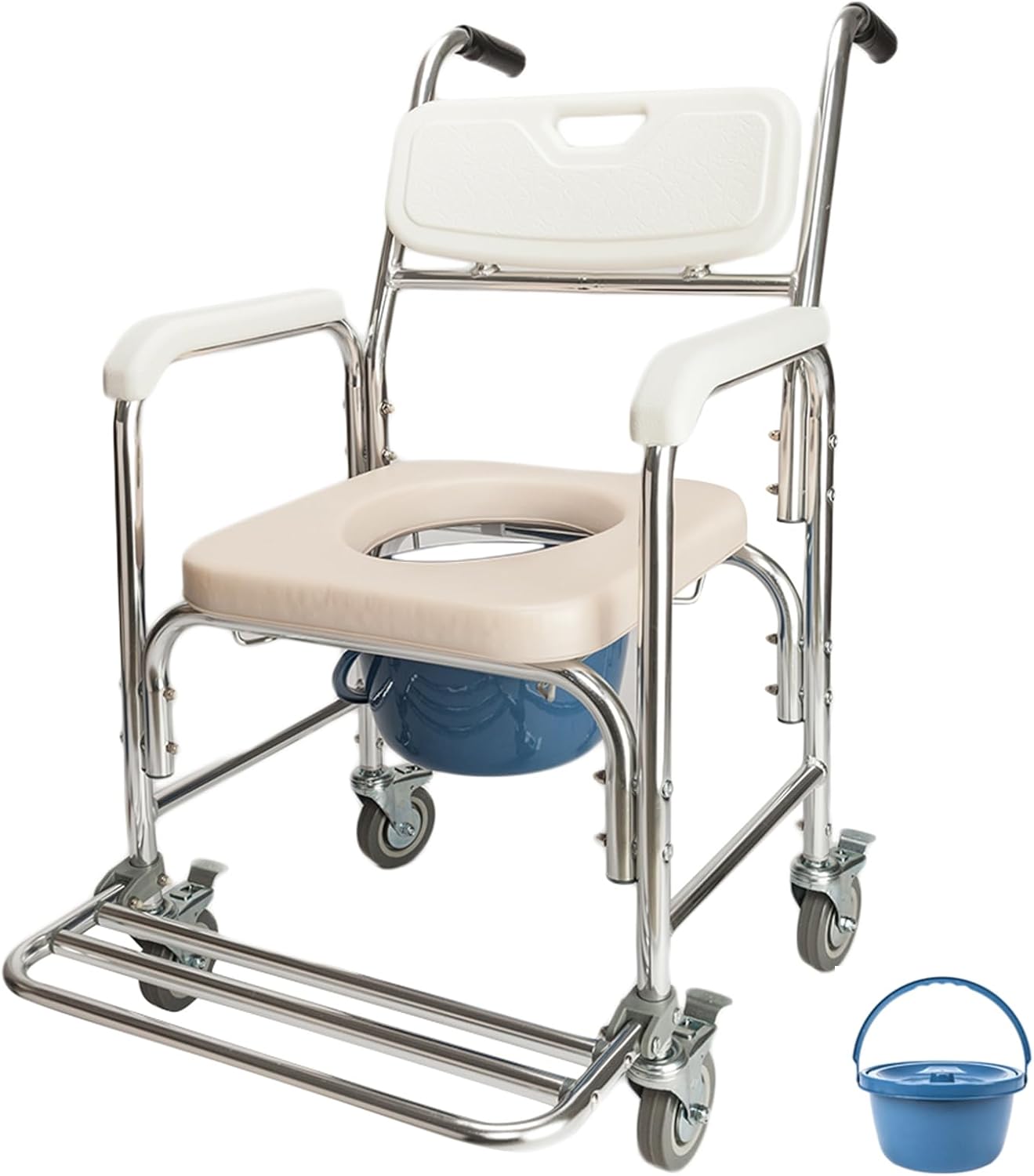 Bedside Commode Wheelchair, 4 in 1 Shower Commode Chair Rolling Transport Chair Toilet with Arms, Mobile Toilet Portable Adult Potty Chair for Seniors, Elderly, Disabled, Bariatric, Pregnant Women