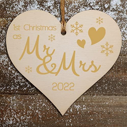 Handmade Christmas Hanging Wooden Heart Plaque Decoration Gift to celebrate 1st xmas together special Gold Mr and Mrs festive bauble