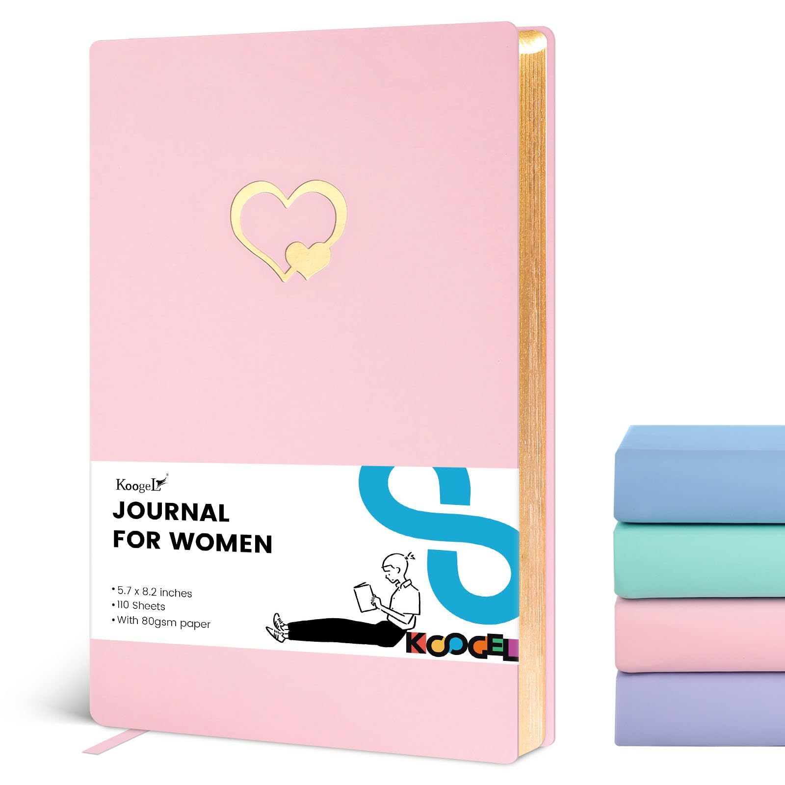 Koogel Pink Cute Journal Notebook for Women, 5.7"x8.2" Wide Ruled Lined Journals for Writing with Gold Hearts Hardcover Notebook with Gold Edged Diary Cute Gifts, 110 Sheets