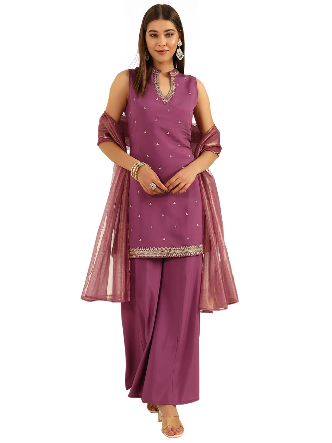 FIORRA Women's Lavender Viscose Chanderi Straight Kurta with Palazzo and Dupatta