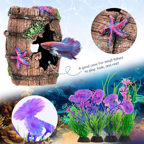 Binswloo Fish Tank Decorations, Betta Fish Tank Accessories Aquarium Ornaments, Broken Barrel Cave Decor, Starfish Barrel x 1, Fish Tank Plants x 4 - Image 4