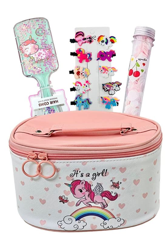 Le Delite Unicorn Makeup Vanity kit Storage Hardtop Pouch case Travel Box with Glitter Hairbrush, Hair Clips & Paper soap/Birthday Gift for Girls Kids Tube
