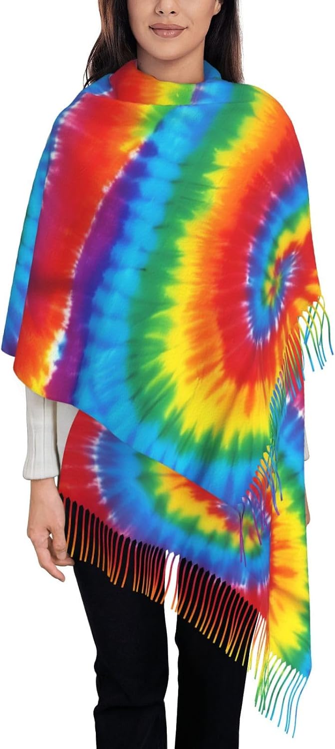 Dye Hippies Print Tassel Scarf, Winter Warm Shawl, Lightweight Wrap For Women, Present For Cool Seasons