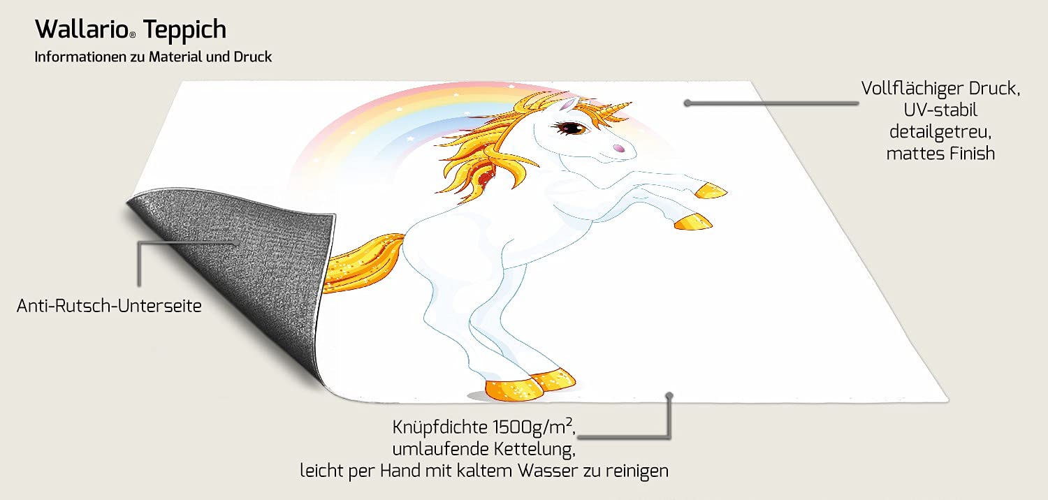 Wallario Rutschfester, Teppich mit Motiv - Fußmatte Weißes Einhorn vor einem Regenbogen, Größe 50 x 70 cm - flachgewebt
