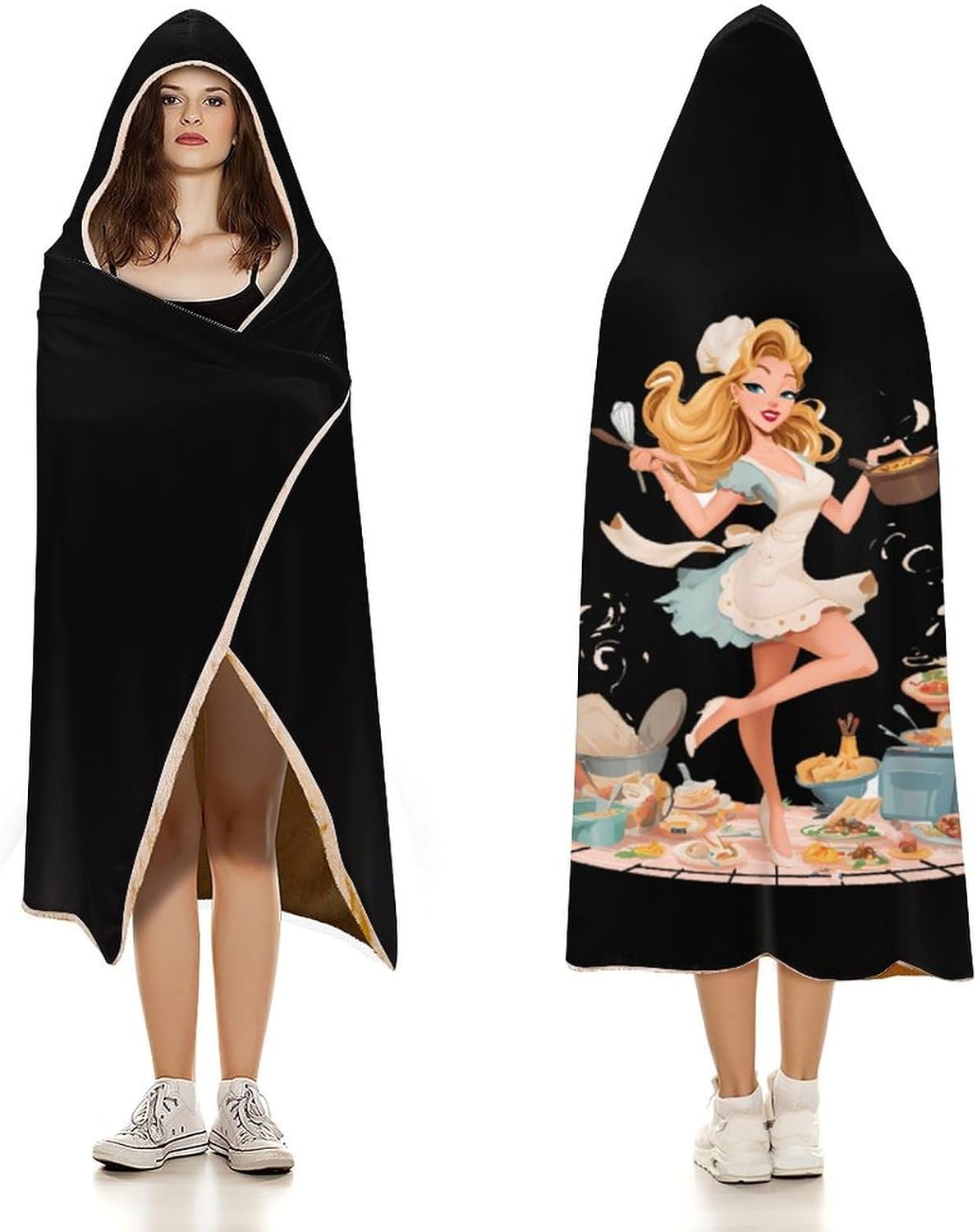 Pinup Women Cooking Food Wearable Blanket Oversized Throw Cape | Cozy Hooded Blanket Gifts for Women Men