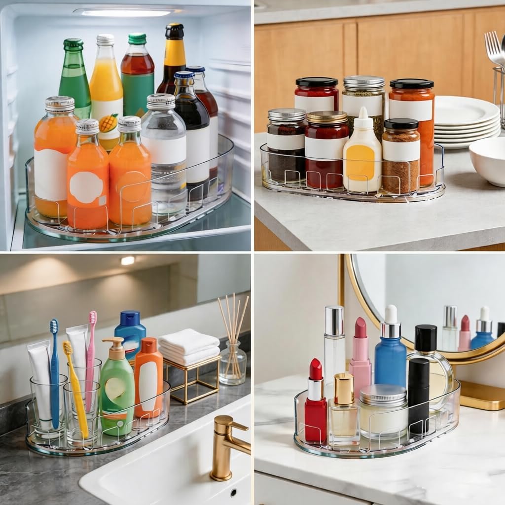 Fridge Turntable Organizer, 360° Rotating Fridge Organizer for Cabinet Tabletop, Clear Turntable Storage Bin for Refrigerator Pantry (33x21.5cm)