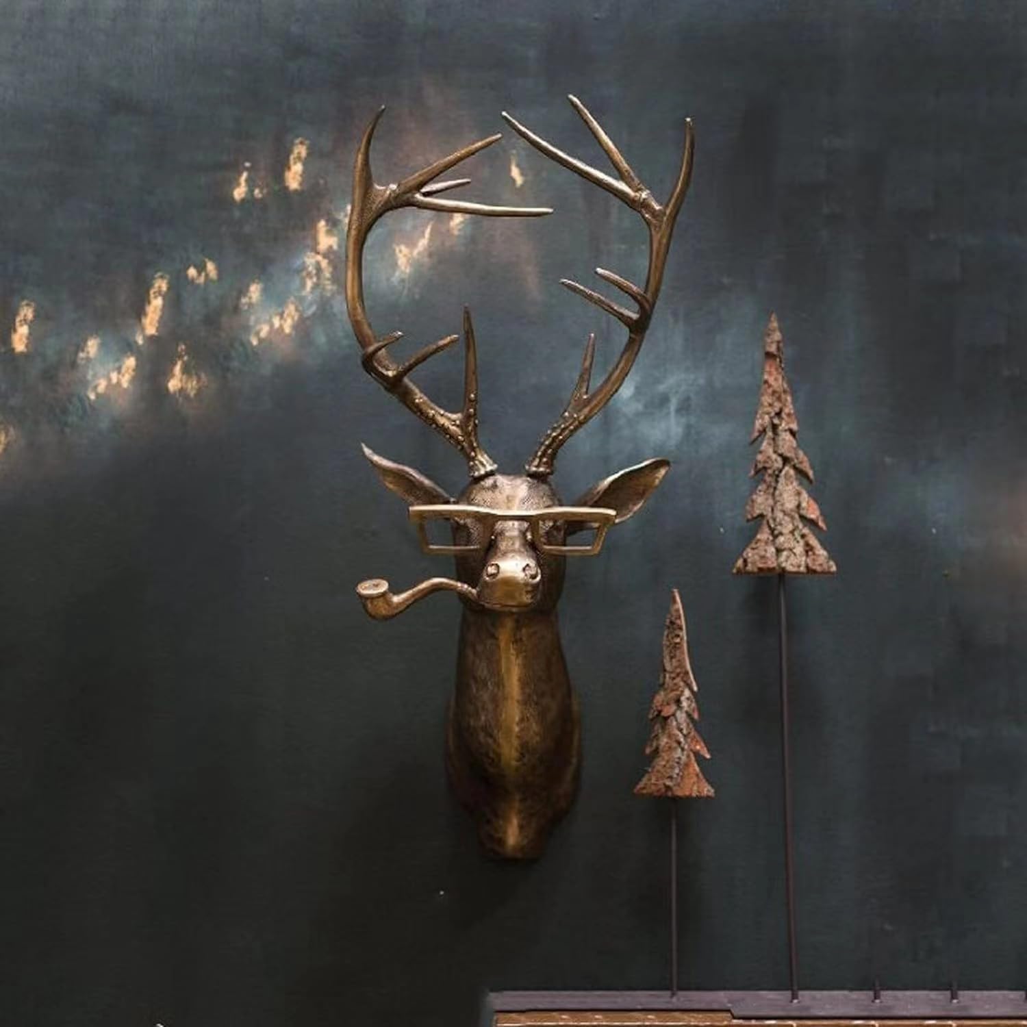 3D Deer Head Wall Mount Ornament, Bear Wall Decor Stag Head Wall Decoration Ornaments, Waterproof Bronzed Resin Statue for Living Room Bedroom (Deer)