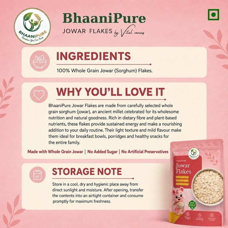 Image of Jowar Flakes, 100g Gluten-Free Sorghum Flakes | High Fiber Vegan Breakfast Cereal (Jowar Flakes, 100gm)