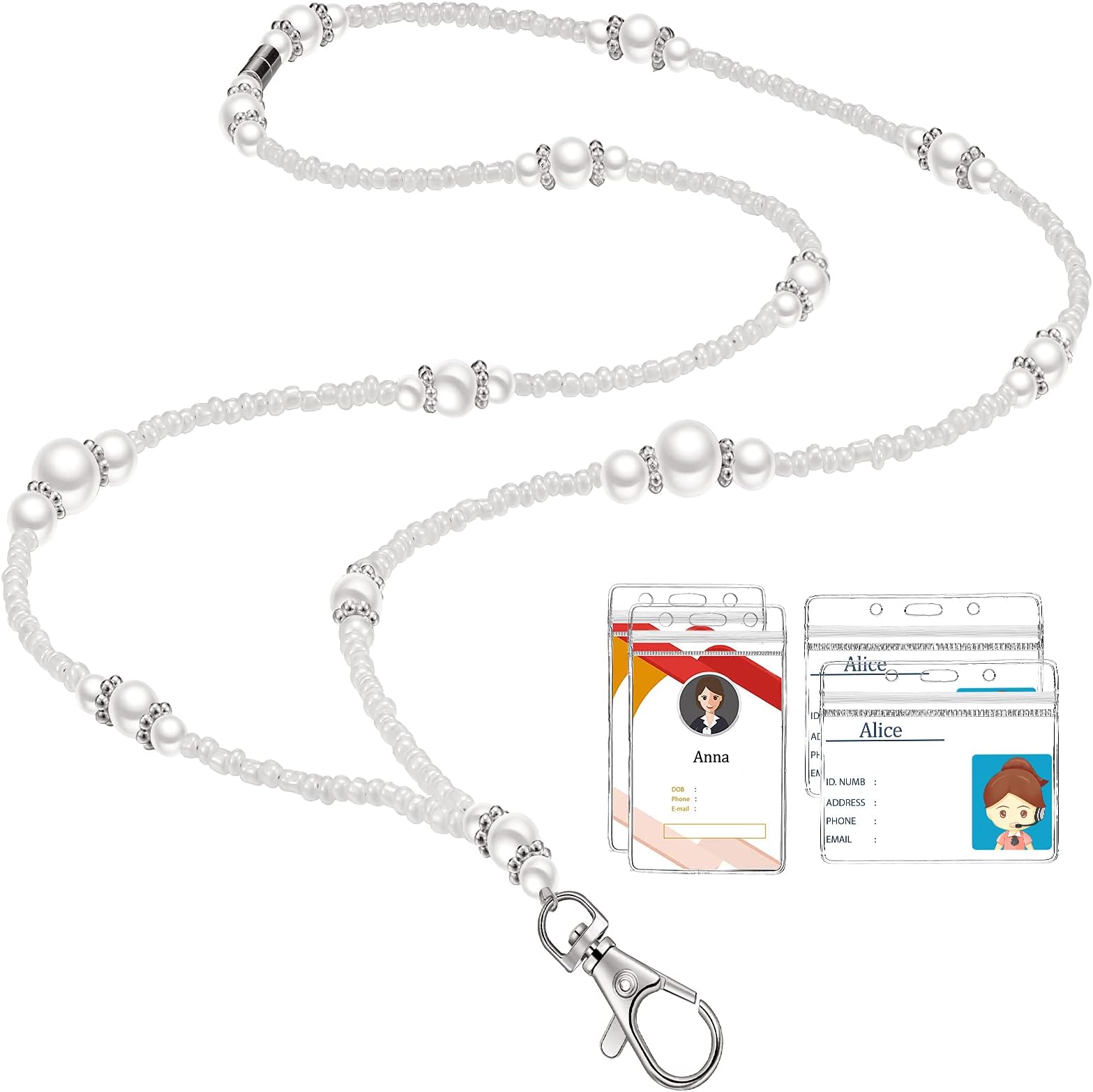 Zonon Pearl Badge Lanyard with 4 Pcs ID Holders for Women Beaded Neck Artificial Pearl Key Reel Lanyard with Horizontal Vertical Badge Reel Holders for Nurse Teacher Women