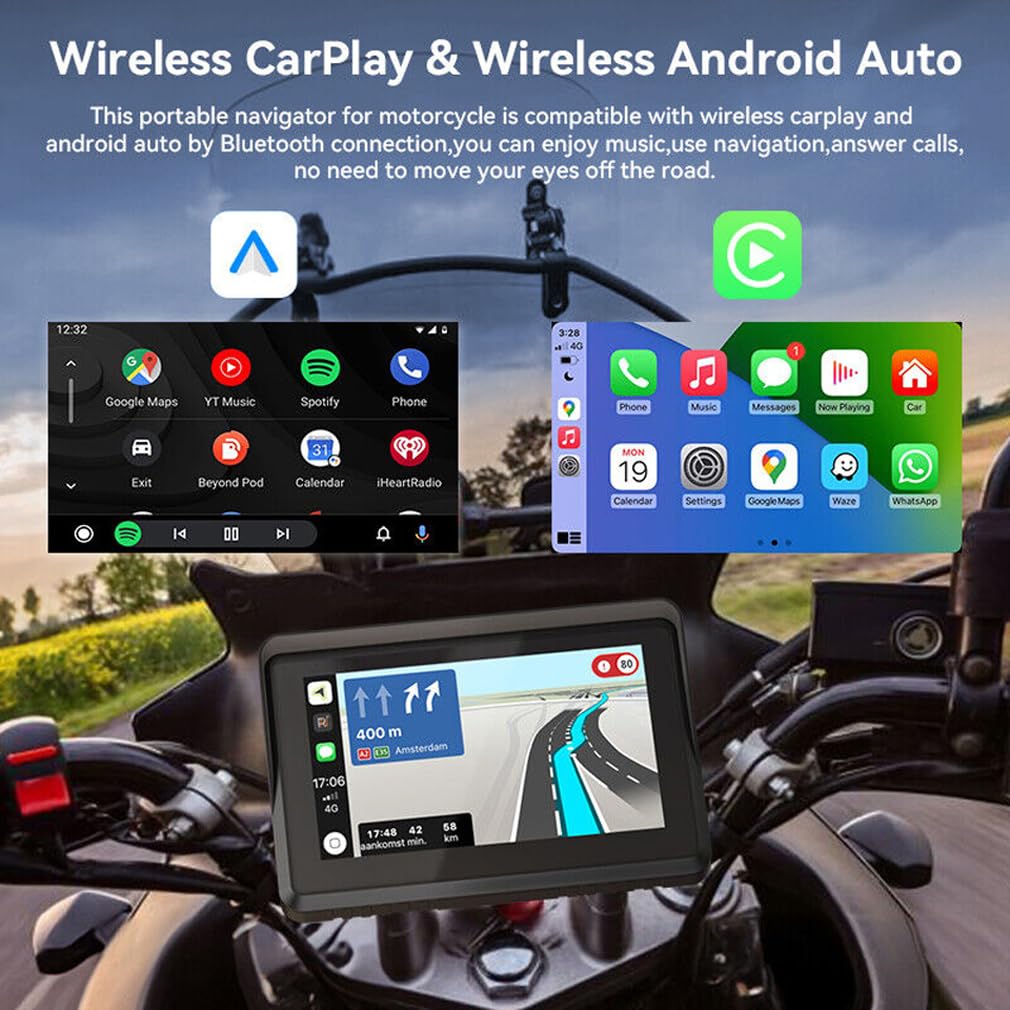 XRC TECH - Pantalla táctil IPS HD de 5 pulgadas portátil para motocicleta, navegador GPS, inalámbrico, CarPlay/Android Auto IPX7, impermeable, función Bluetooth dual 5G, WiFi, control de voz antirrobo