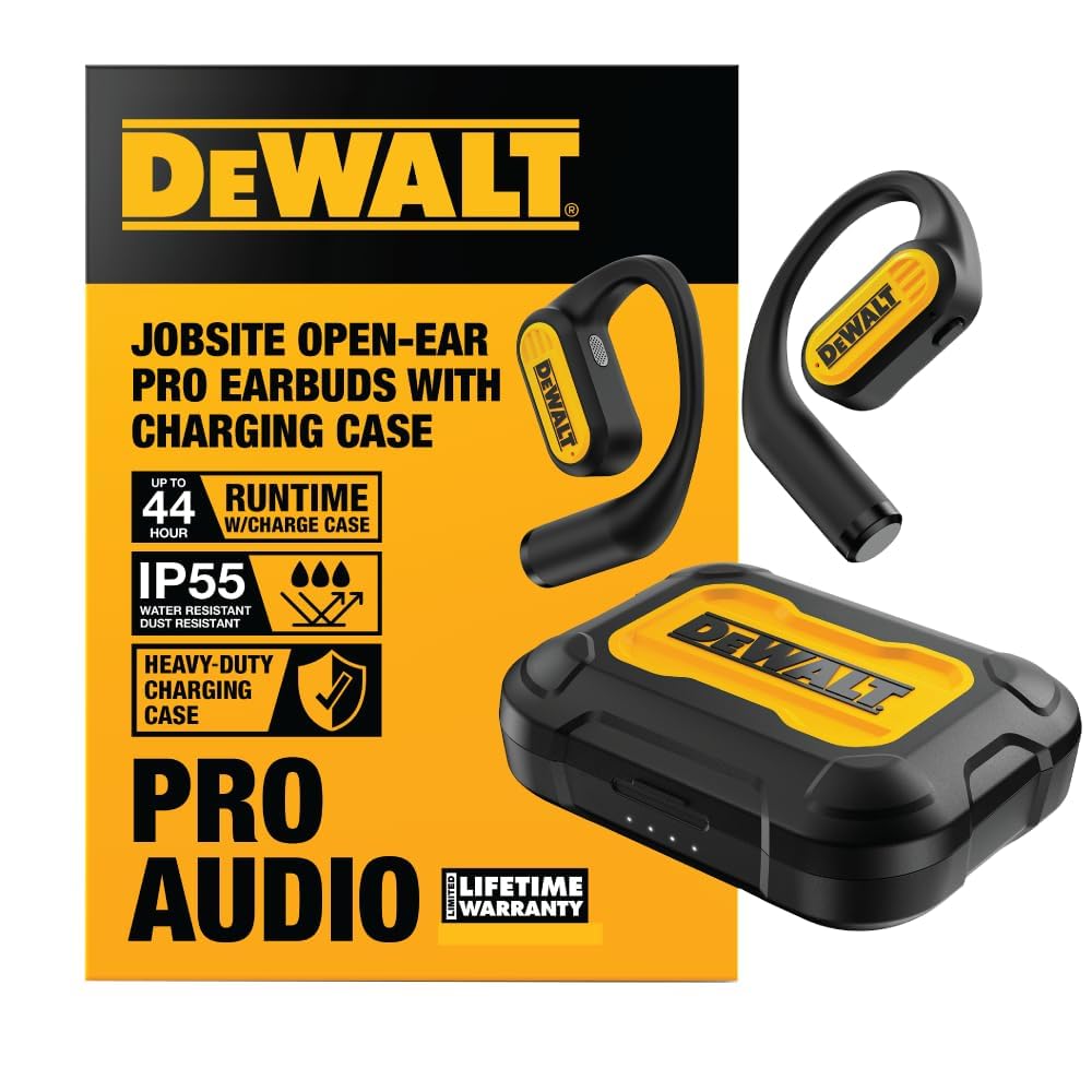 DEWALT Heavy Duty Open Ear Headphones, Bluetooth 5.3 Wireless Earbuds IP55, 44Hrs Runtime, Jobsite Premium Sound True Wireless Air Conduction Open Ear