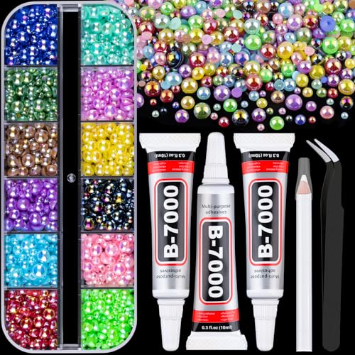 Image of Flatback Pearls for Crafting with 3Pcs 10ml B7000 Jewelry Glue, 1 Box of Half Round Colorful AB Pearls, Bedazzling Beads for DIY Crafts Clothing Tumblers Shoes Embellishment Nail Art