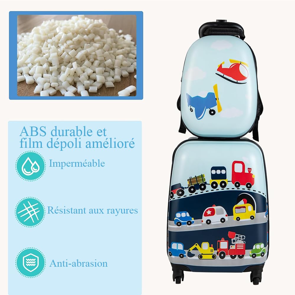 SOARS Valise Enfant Roulette 16" + Sac à Dos 12", Poignée Réglable à 3 Niveaux, Bretelles Larges, Léger de 2,5 KG, Transportable dans l’Avion, Garçon 3-10 Ans