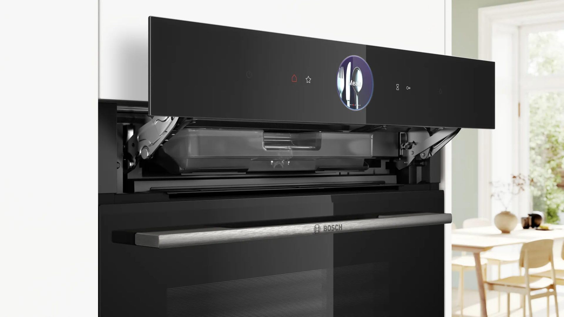 Bosch HRG7764B1, Smarter iQ700 - Forno da incasso con funzione vapore, 60 x 60 cm, prodotto in Germania, pirolisi e idrolisi, termometro per arrosti, Air Fry, schermo a colori touch screen 4D, aria