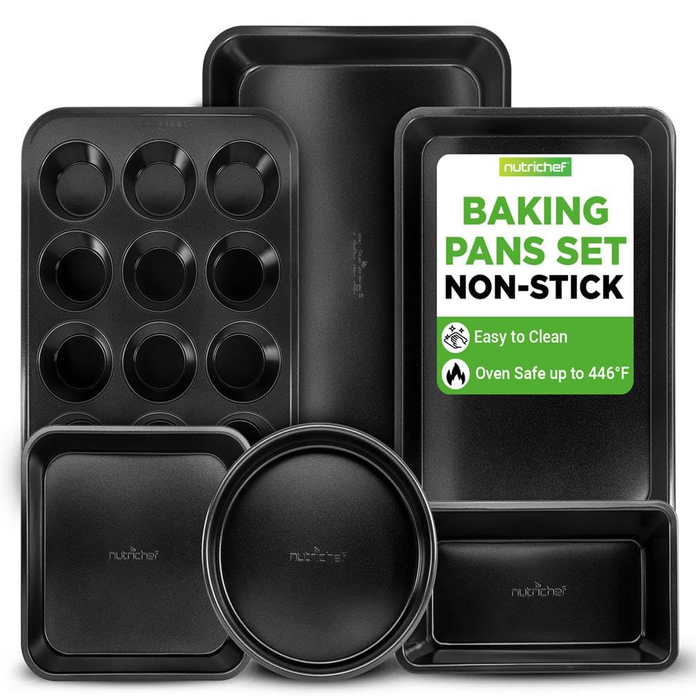 NutriChef Set di 6 Teglie da Forno Antiaderenti in Acciaio al Carbonio, Teglie Forno per Biscotti, Muffin, Torte e Pane, Resistenti ai Graffi, Lavabili in Lavastoviglie, Nero